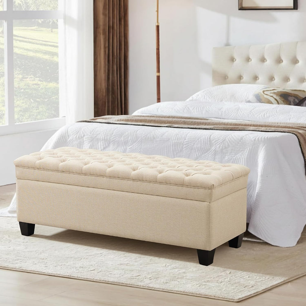 50" Storage Ottoman Bench, Rectangular End of Storage Bench, Upholstered Large Fabric Tufted Ottoman with Storage for Living Room, Bedroom, Entryway,Khaki