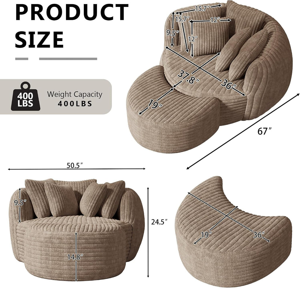50.5" W x 67" D Oversized Chaise Lounge Chair with Ottoman,Light Camel | 38D Sponge,Round Reading Chair Luxury Plush Cloud Circle Sleeper for Living Room Bedroom, 5 Pillows,Corduroy