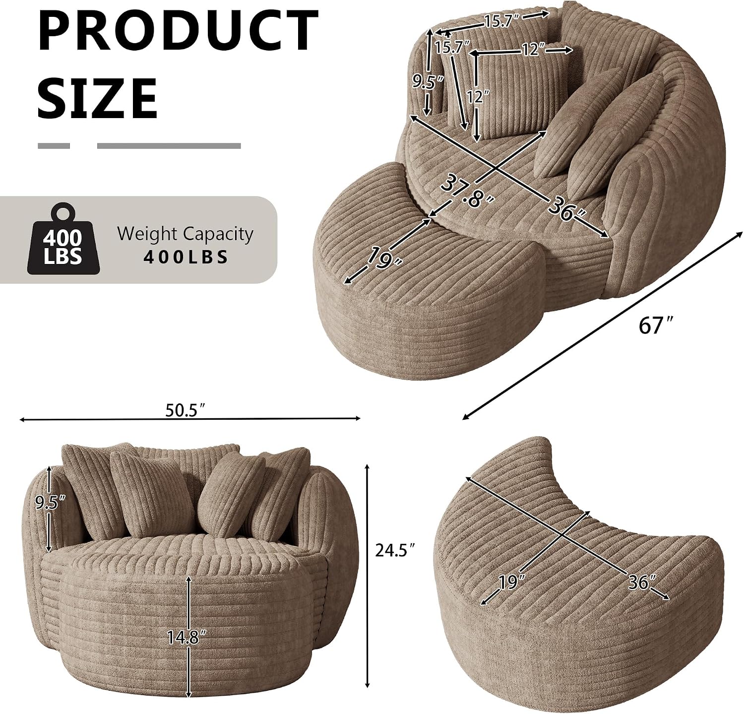 50.5" W x 67" D Oversized Chaise Lounge Chair with Ottoman,Light Camel | 38D Sponge,Round Reading Chair Luxury Plush Cloud Circle Sleeper for Living Room Bedroom, 5 Pillows,Corduroy