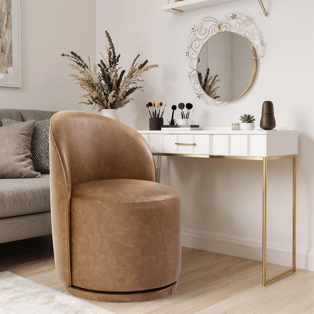Swivel Barrel Dining Chairs, Faux Leather Upholstered Round Dining Chairs, 360° Swivel Vanity Chair Comfy Armless Accent Makeup Chair for Dining/Living Room Makeup Room, Brown