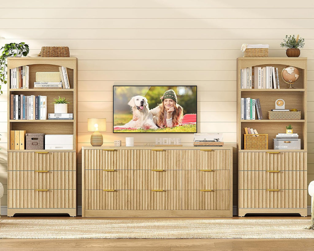 TEENFON 63.3" Tall Bookshelf, Bookshelves and Bookcases with Drawers, Arched Design Bookcase with Storage Cabinet, Natural Wood Grain Wave Pattern Storage Shelves for Living Room, Bedroom,Office