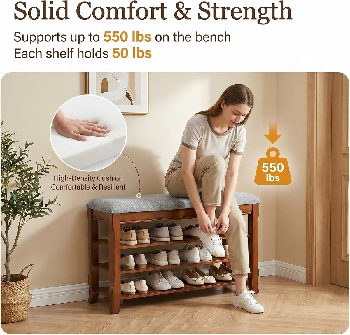 Solid Wood Shoe Bench with Storage, Flip-Top Soft-Close Lid, Adjustable Shelves, Cushioned Entryway Shoe Rack Organizer, 31.5”