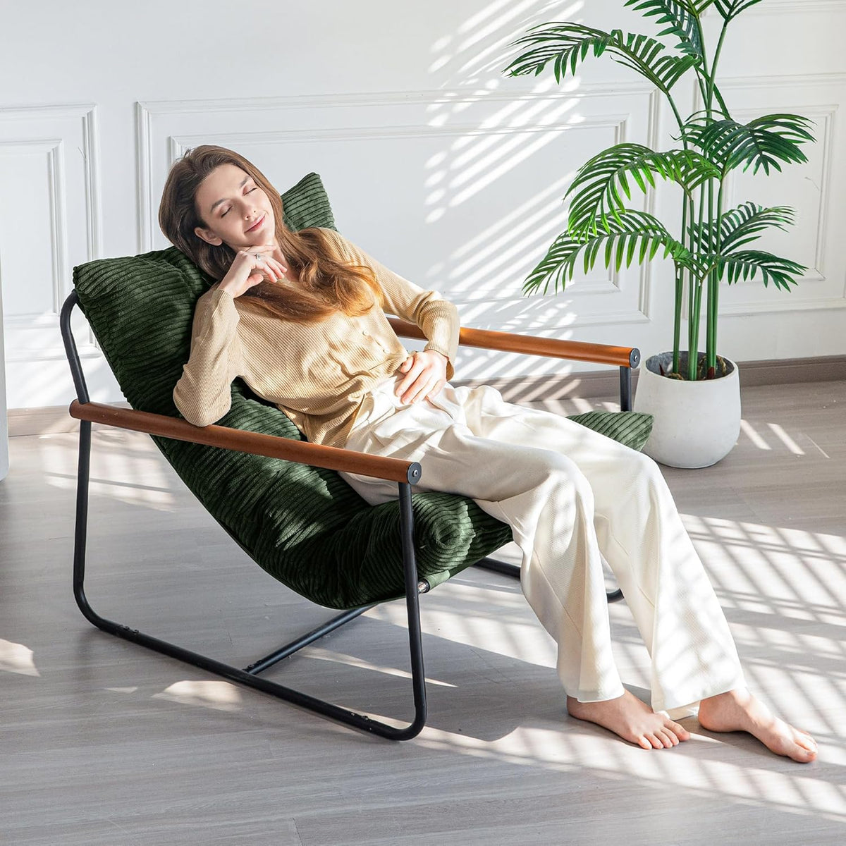 MAXYOYO Modern Accent Chair, Comfy Living Room Chair with Metal Frame | Accent Chair Upholstered Armchair with Soft Cushion for Bedroom Balcony Lounge Reading Room, Dark Green