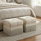 Hyfirm Brown Upholstered Ottoman Footstool with Fringe Skirt, 21.5" Square | Modern Tufted Soft Padded Footrest Cushion, Decorative Boho Tassel Vanity Accent Stool for Living Room Bedroom Entry