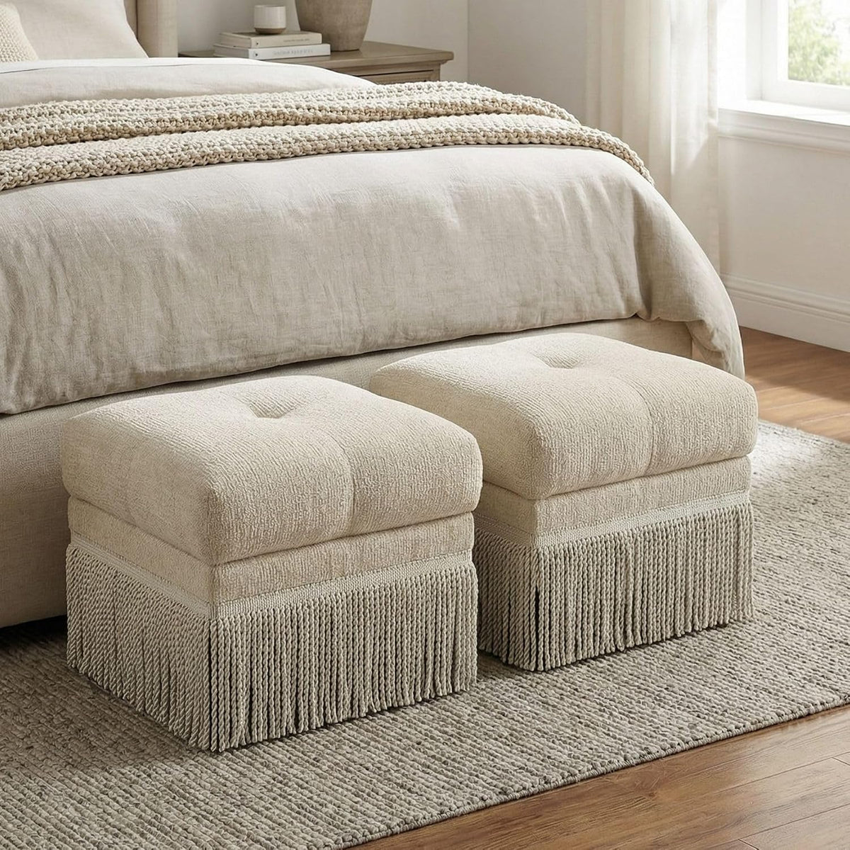 Hyfirm Brown Upholstered Ottoman Footstool with Fringe Skirt, 21.5" Square | Modern Tufted Soft Padded Footrest Cushion, Decorative Boho Tassel Vanity Accent Stool for Living Room Bedroom Entry