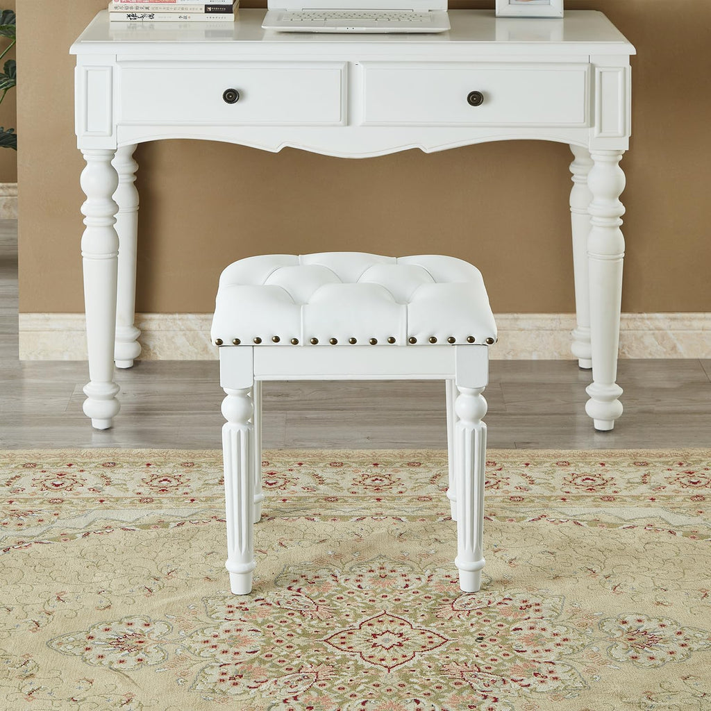 Vanity Bench Stool with Microfiber Leather Cushion, Vanity Chair Ottoman Dressing Stool with Solid Wood Legs for Bedroom, Makeup Room, Dressing Room, Easy Assembly (White)