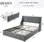 Allewie Queen Bed Frame with 4 Storage Drawers and Wingback Headboard, Button Tufted Design, No Box Spring Needed, Light Grey