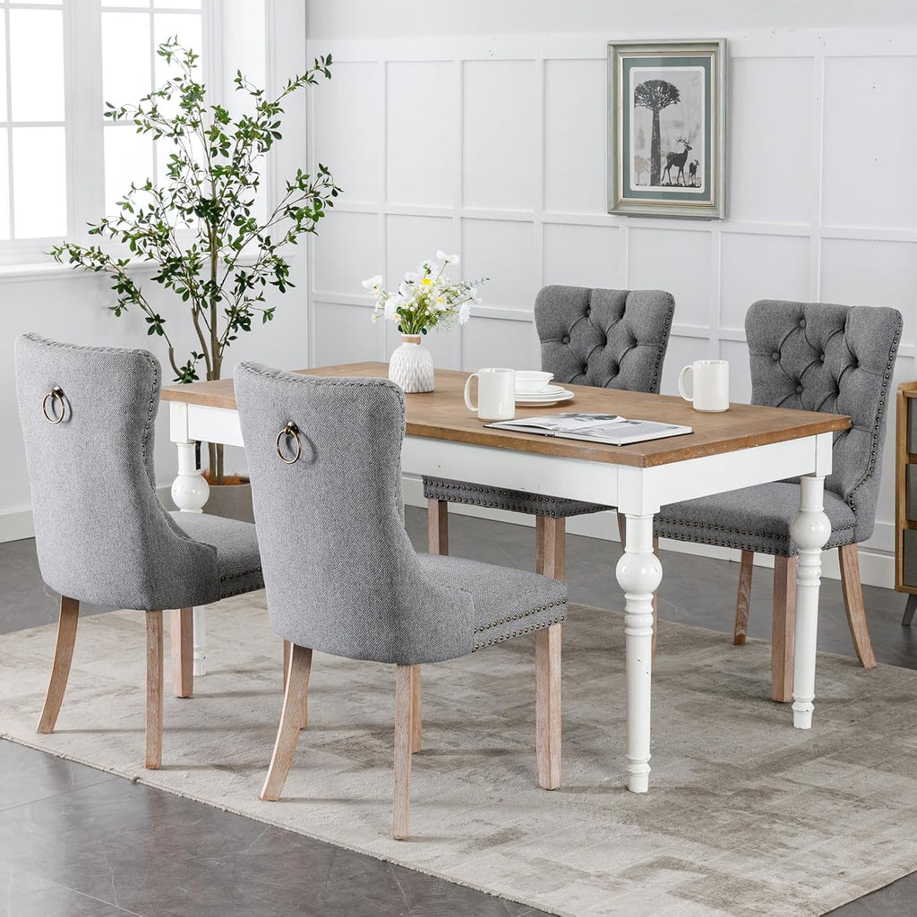 Grey Mid Century Modern Dining Chairs Set of 4, Linen Upholstered Kitchen & Dining Room Chairs with Nailhead Trim & Solid Wood Legs, Elegant Sillas De Comedor (Grey, 4 Pcs)