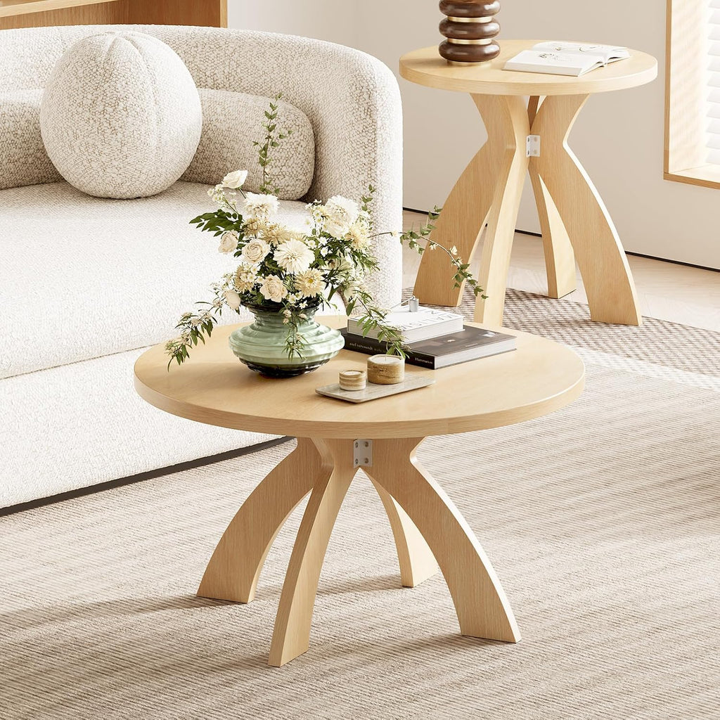 VINGLI 31.5" Round Coffee Table with Cross Legs, Wood Coffee Table, Oak | Mid Century Modern Coffee Table, Wooden Coffee Table X-legs for Living Room, Small space, Office