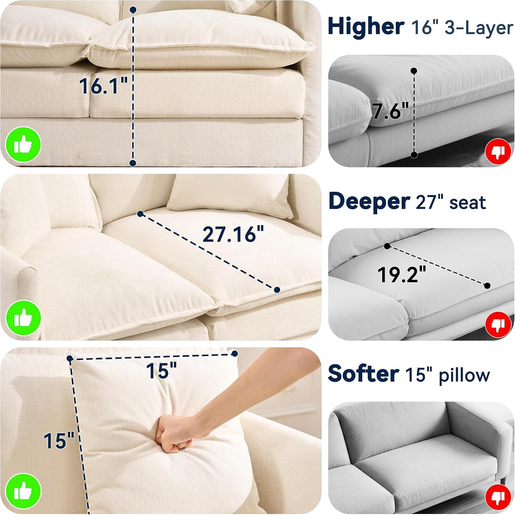 L-Shape Loveseat Sofa Couch with Ottoman, Small 50" Love Seat 27" Deep Cloud Sofa Washable Chenille Pillow for Apartment Bedroom Dorm Attic Studio Office Living Room Small Space 50-Beige-L-1