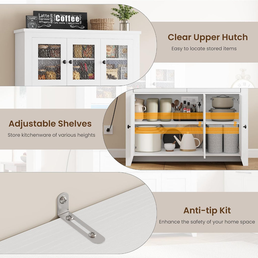 GAOMON 66" Tall Kitchen Pantry Cabinet, Modern Kitchen Hutch with Charging Station, Large Coffee Bar Storage Cabinet with Glass Doors and Drawers, White