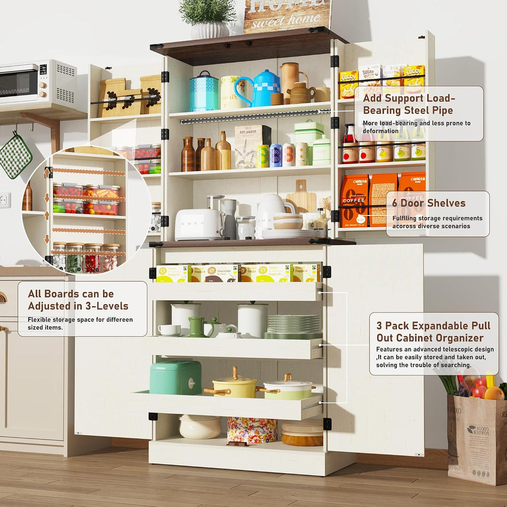 Farmhouse Kitchen Pantry Cabinet with 3 Drawers,71" Tall Rustic Wood Storage Cabinet with 6 Door Shelves,with Load-Bearing Steel Pipe,Pantry Organizers for Kitchen,Dining Room(Rustic Off White)