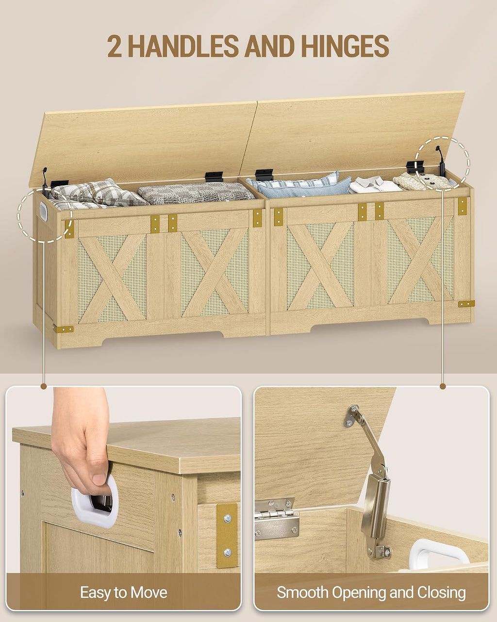 Hzuaneri 59" Boho Storage Chest and Bench | 70 Gal | 330lb Seat | Soft-Close Hinges | Camel Yellow | Shoe and Blanket Storage for Bedroom, Living Room, Entryway | Easy Assembly | SB15002Y