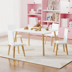 Table & 4 Chairs Set is for Boys Girls, 5-Piece Wooden Activity Table Set with Solid Wood Legs, Boys Girls Play Table & Chair Set for Drawing, Reading, Learning & Dining, White+Natural
