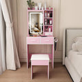 Small Vanity Desk Set with Mirror and Adjustable LED Lights, Compact Pink Dressing Table with Built-in Power Outlet and Hidden Storage, Padded Stool & Shelf, Space-Saving Makeup Table for Bedrooms
