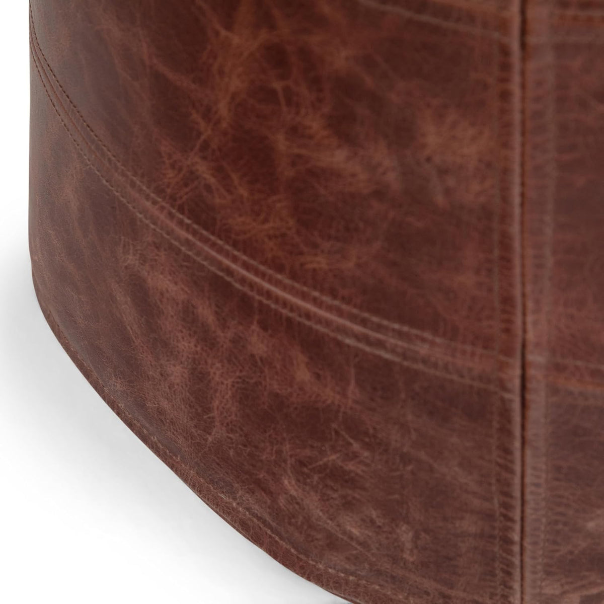 SIMPLIHOME Connor 18" Wide Round Pouf in Distressed Brown Genuine Leather | Boho footstool, extra seating for living room or bedroom with polystyrene filling, assembled; pouf ottoman or floor cushion.