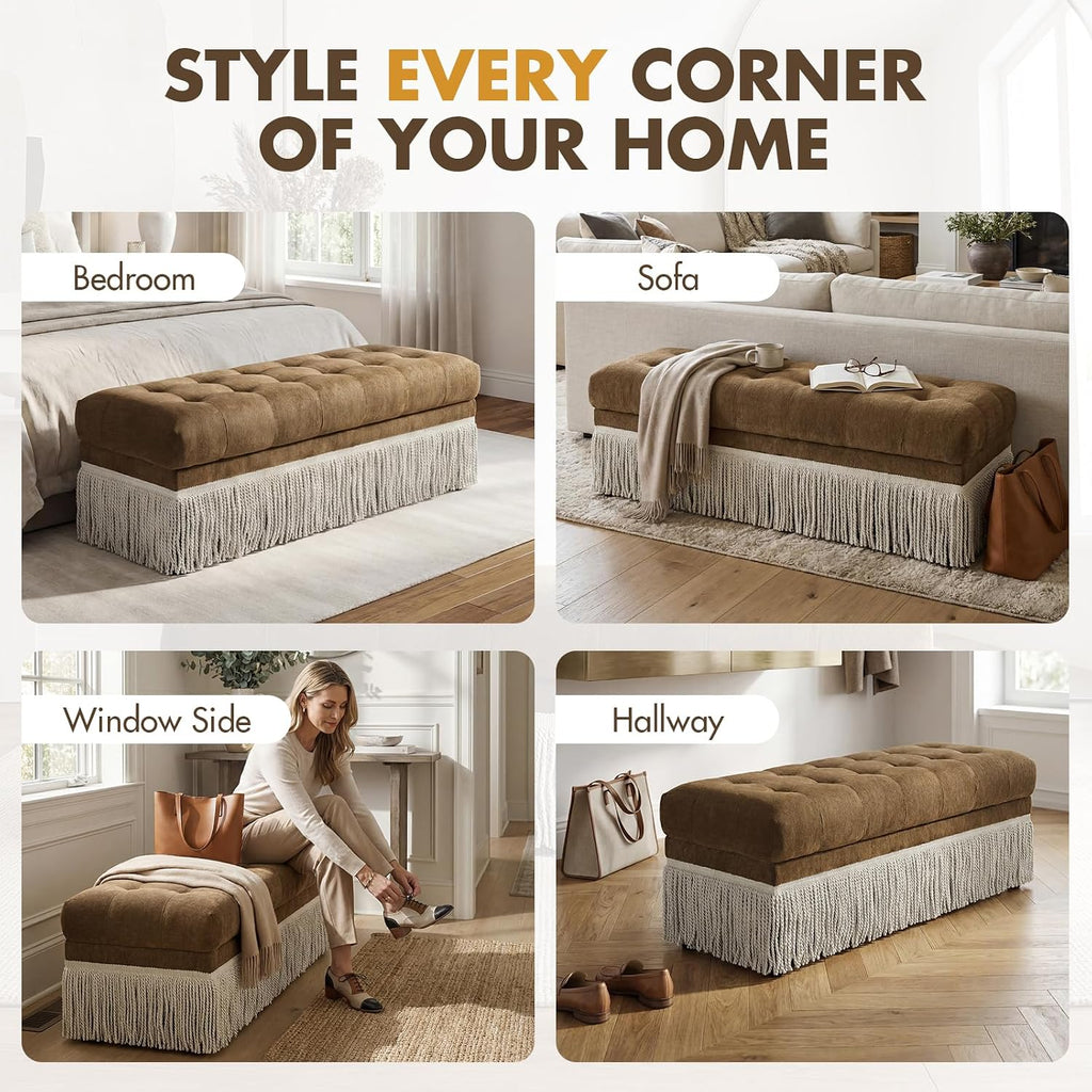 Hyfirm 47-Inch Chenille Ottoman Bench Vintage Tufted Fringe Design Brown | From bedroom dressing to living room lounging, this bench serves as an end-of-bed seat, sofa footrest, or entryway accent