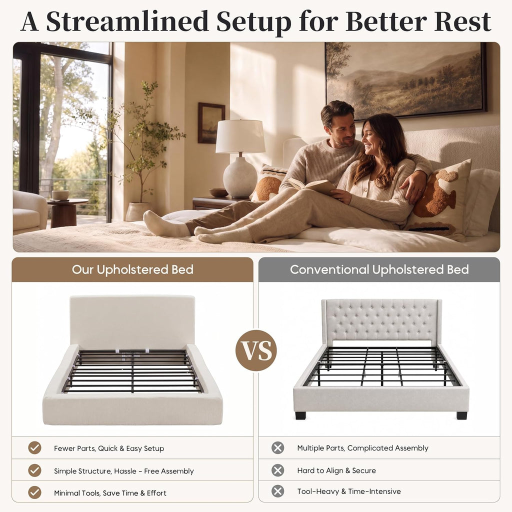 Queen Upholstered Platform Cloud Bed Frame with Headboard, Beige