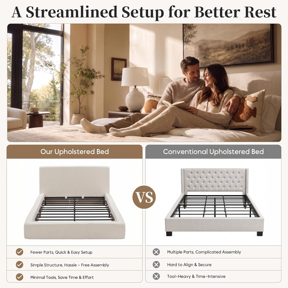 Queen Upholstered Platform Cloud Bed Frame with Headboard, Beige