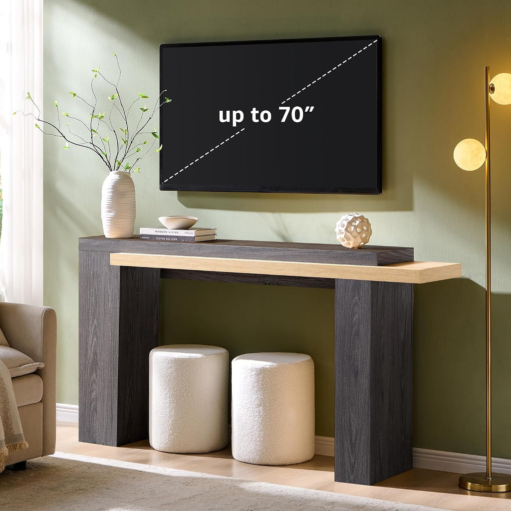 OKD 63" Geometric Console Table with Layered Top, Natural Oak & Dark Alder | Extended Layered Top, Sturdy Support Legs, Entryway, Hallway, Foyer, Living room, Behind Sofa