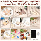 Tondiamo 122 Pcs Laser Engraving Blanks Keychains Bulk Laser Cutting Engraving Materials Accessories Including Wood, Stainless Steel, Acrylic, PU Leather, Silicone and Marking Paper Tape for Laser