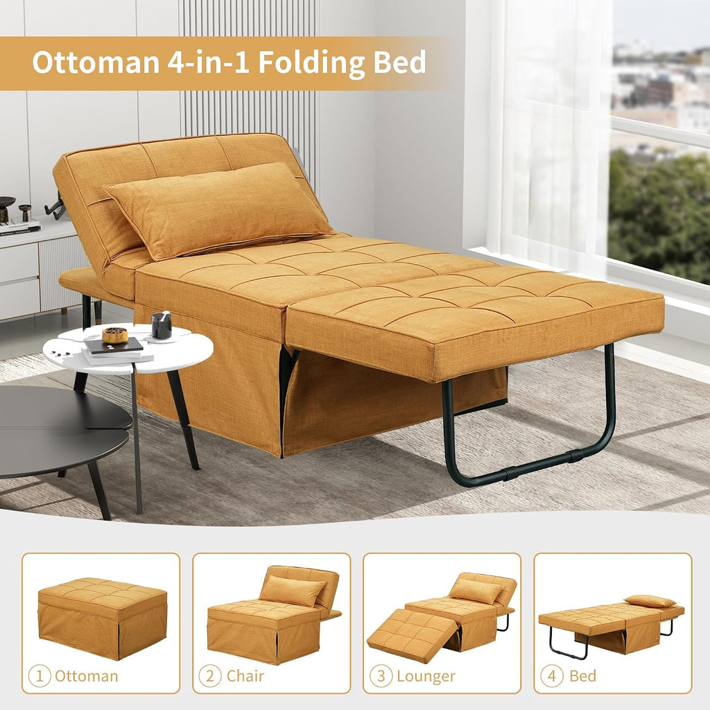 Yellow Sofa Bed, Convertible Chair 4 in 1 Multi-Function Modern Folding Ottoman Guest Bed with Adjustable Sleeper for Small Room Apartment