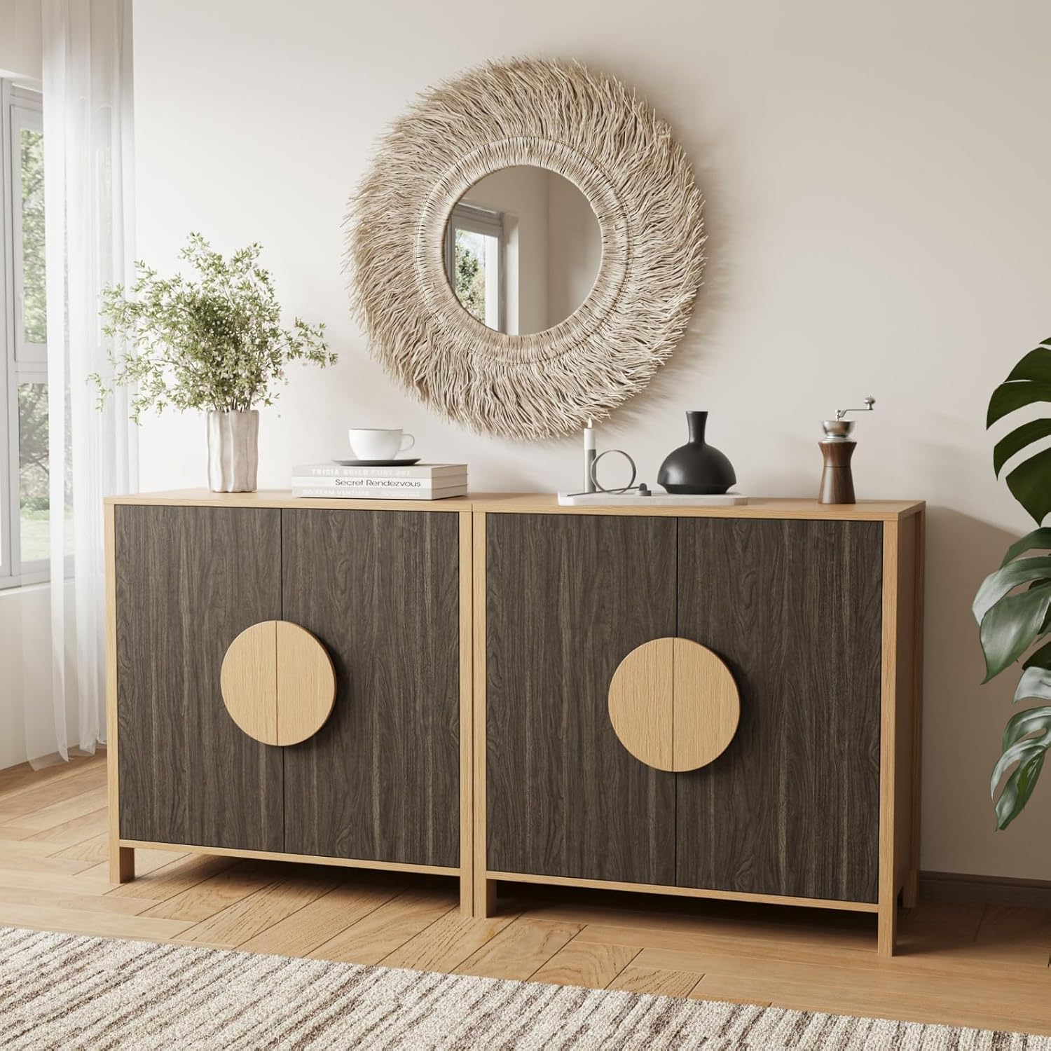 BREEZEHEAT Sideboard Buffet Cabinet with Storage, Mid Century Modern Buffet Table, 64" Wood Accent Cabinet with 4 Doors and Adjustable Shelf, Storage Credenza for Kitchen Living Room Entryway