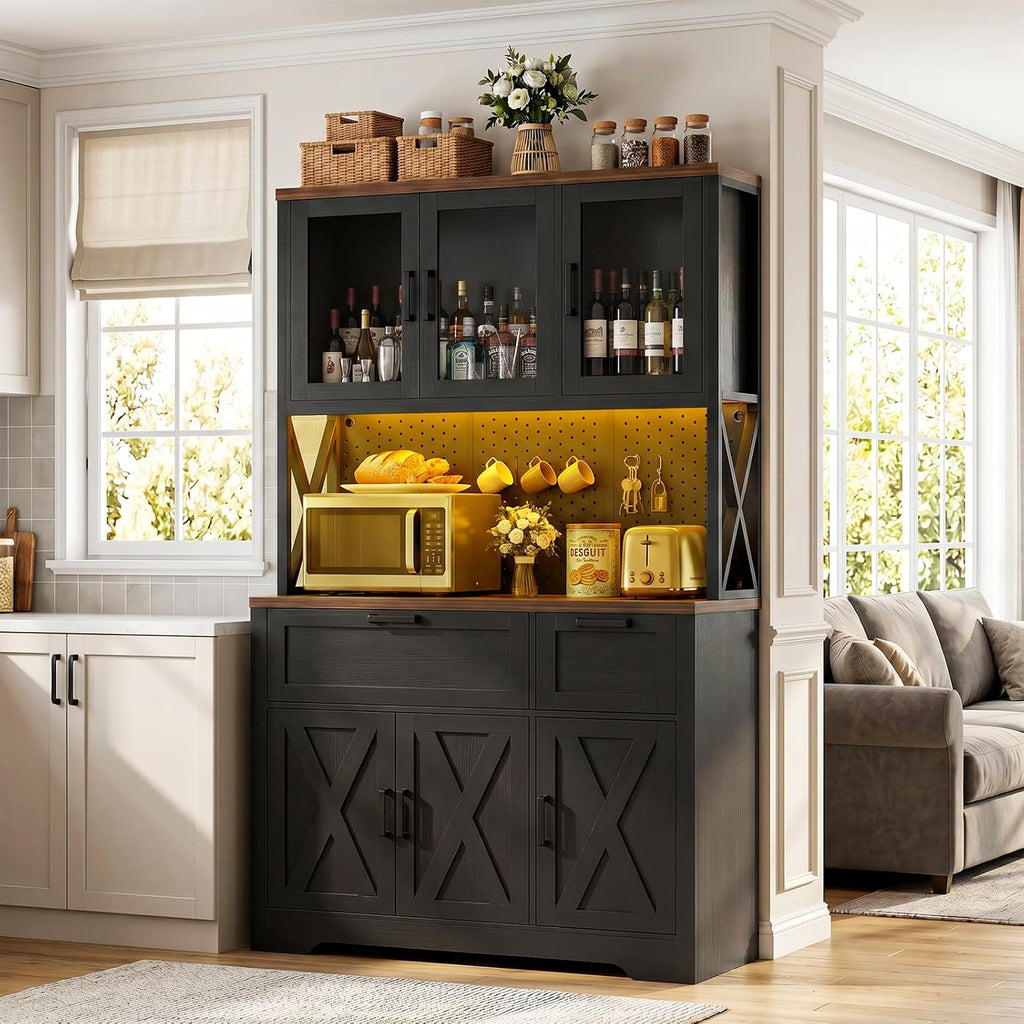 Unikito 71" Tall Pantry Cabinet with Charging Station & LED Lights, Black | Kitchen Pantry Storage Cabinet,Farmhouse Freestanding Microwave Stand Coffee Bar Hutch, Drawers, DIY Pegboard, Dining Room