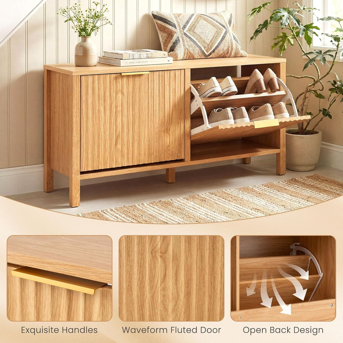 Giantex Shoe Storage Bench with 2 Flip Drawers, Wooden Entryway Bench with Storage, Fluted Doors, Adjustable Shelves, Hidden Shoe Cabinet for Entry Way, Hallway, Foyer, Living Room (Natural+Gold)