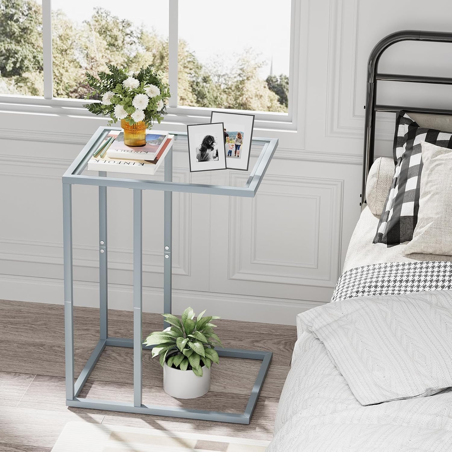 End Table,C Shaped Side Table for Sofa,Glass Couch Tray Snack Dinner Table for Living Room, Bedroom,TV Tray Table for Small Space,Living Room, Bedroom,Easy Assembly (Gray)