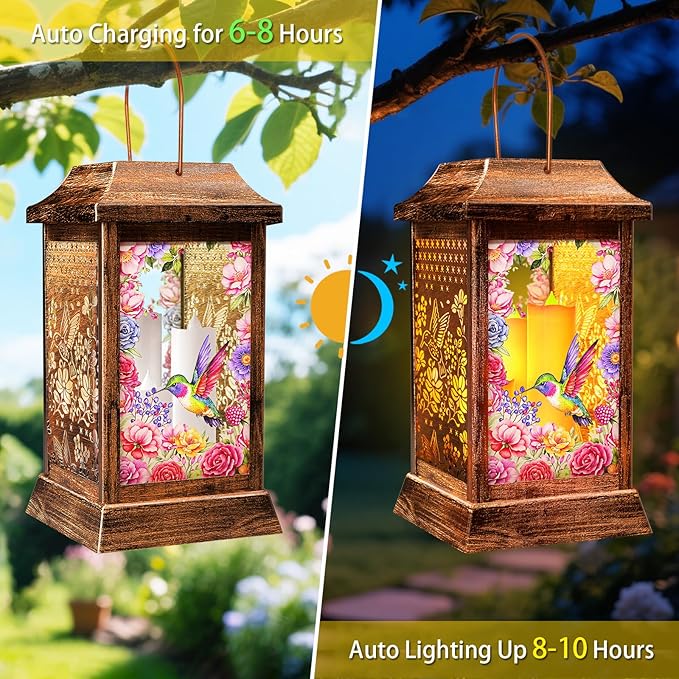 Hummingbird Solar Lanterns Outdoor Waterproof, Metal & Glass Hanging Lights Garden Decor, Birthday Gifts for Women Mom Grandma Mothers Day, Decorative Lights for Outside Yard Patio Backyard Porch
