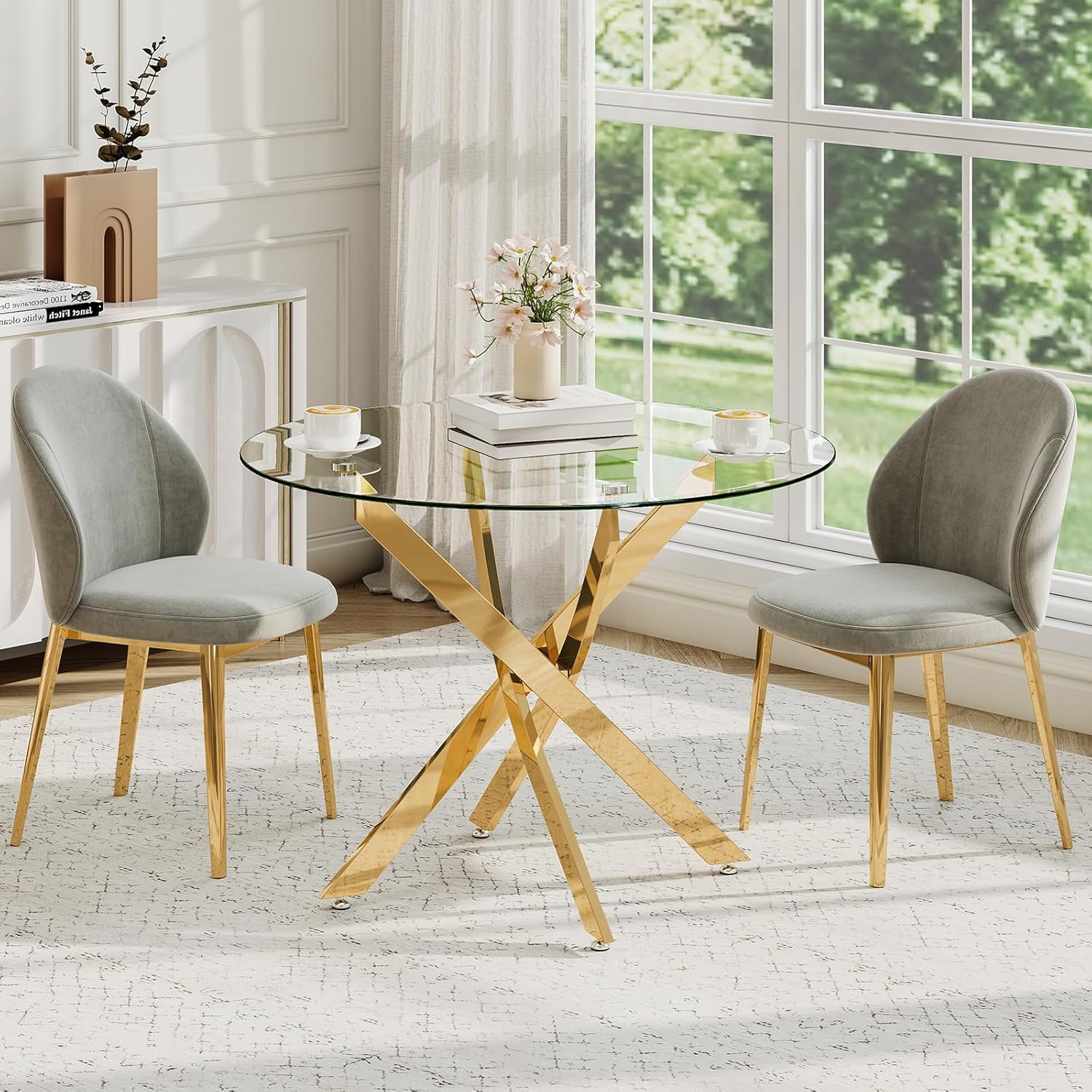 Zevemomo 35.5" Glass Dining Table for 4, Round Coffee Table with Tempered Glass Top Gold Mental Legs, Modern Circle Glass Dinner Kitchen Table for Apartment Home Office