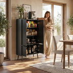 Ebony Fluted 51" Tall Wooden Kitchen Pantry Storage Cabinet Food Organize with Adjustable Shelves, Modern Accent Cabinet Sideboard Buffet for Dining Room, Entryway, Bathroom, Home Office