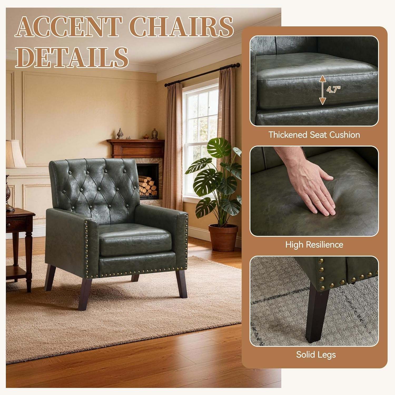 Faux Leather Accent Chair, Modern Upholstered Armchair with Button Tufted Back, Mid Century Comfy Club Chair with Wood Legs Leather Reading Chair for Living Room, Bedroom, Dark Green