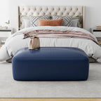 Genuine Leather Ottoman Bench, Upholstered Ottoman Table with Solid Wood Frame, Rectangular Footrest Bench for Living Room, Entryway, Bedroom - Navy Blue
