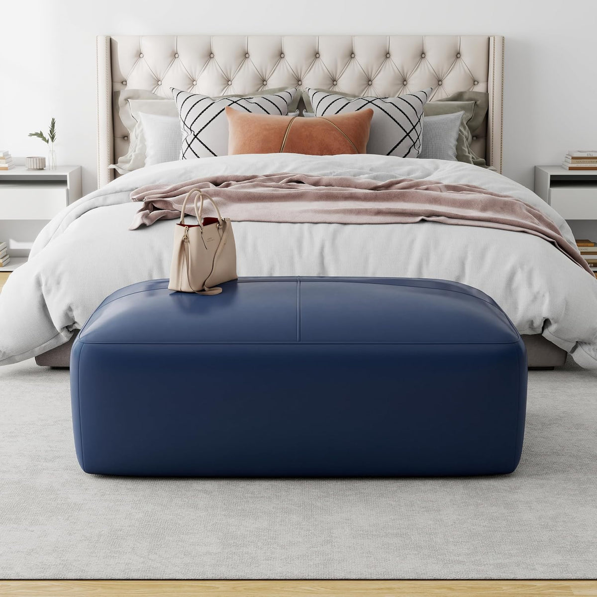 Genuine Leather Ottoman Bench, Upholstered Ottoman Table with Solid Wood Frame, Rectangular Footrest Bench for Living Room, Entryway, Bedroom - Navy Blue