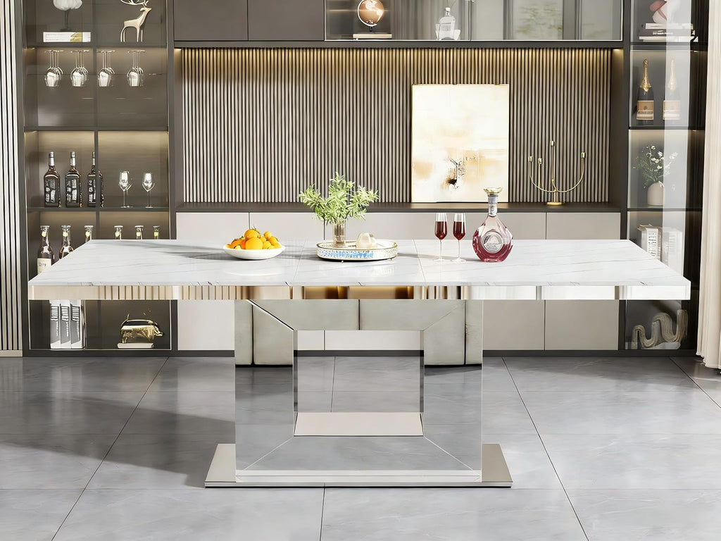 94 in Large Extendable Dining Table for 6 8 10, White Marble Pattern Top & Silver Mirrored Base, 3 Position Expansion 63" to 94", Modern Luxury Expandable Dining Room Table for Dinner Family Gathering