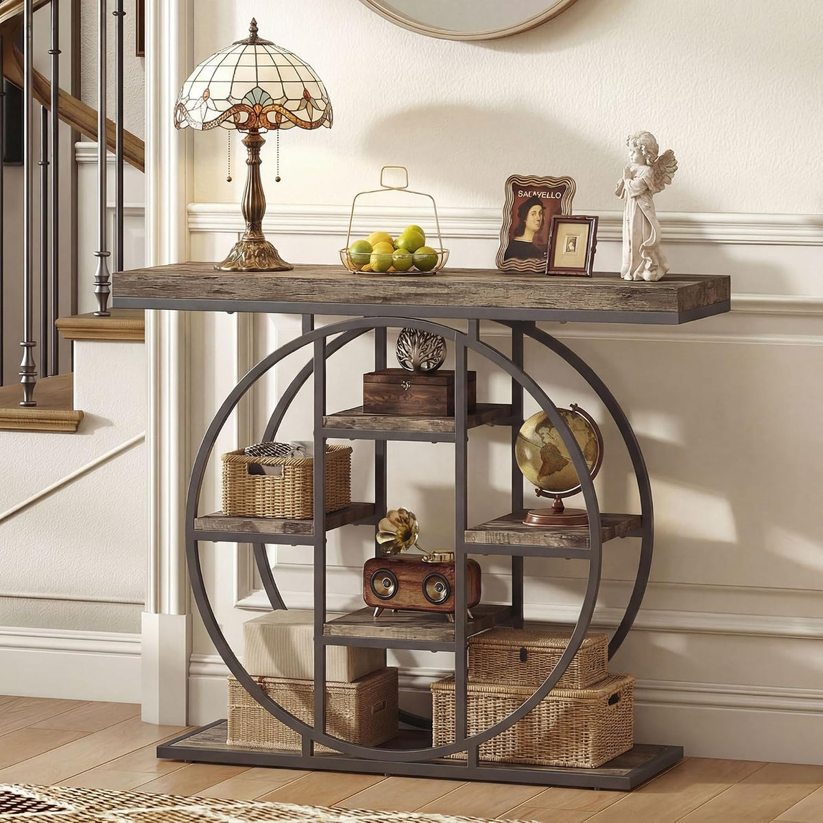 HOMCOM Entryway Table, 39.4" Console Sofa Table with Storage Shelves and Circle Steel Frame, Narrow Wood Accent Tables for Entrance, Hallway, Foyer, Living Room, Rustic Oak