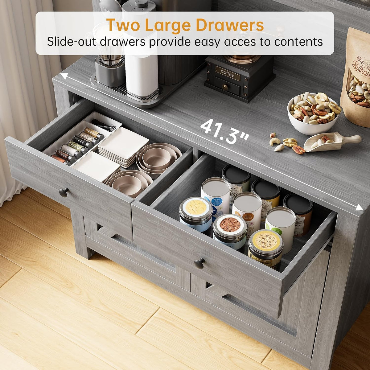 GarveeHome Farmhouse Pantry Cabinet, Kitchen Pantry Storage Cabinet with Microwave Stand, Rustic Buffet Sideboard with Sliding Door, Freestanding Cupboard with Shelves for Dining Room, Dark Grey