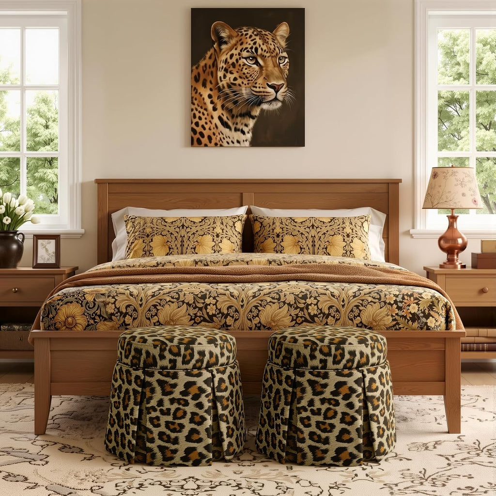 18" Round Storage Ottoman, Upholstered Leopard Print Stool-Foot Rest Skirt Hem, Footstool Pouf with Vietnam Acacia Wood Frame(500Lbs), Reversible Tray Lid for Bedroom,Fully Assembled