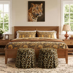 18" Round Storage Ottoman, Upholstered Leopard Print Stool-Foot Rest Skirt Hem, Footstool Pouf with Vietnam Acacia Wood Frame(500Lbs), Reversible Tray Lid for Bedroom,Fully Assembled