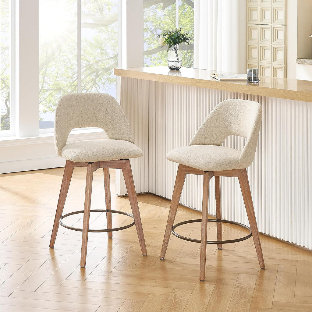 Zesthouse Swivel Bar Stools Set of 2, Wood Counter Height Chairs with Backs | 26" Wooden Bar Stools with Distressed Solid Wood Leg, Upholstered Linen Fabric Barstools, Vintage Kitchen Island Chair, Beige