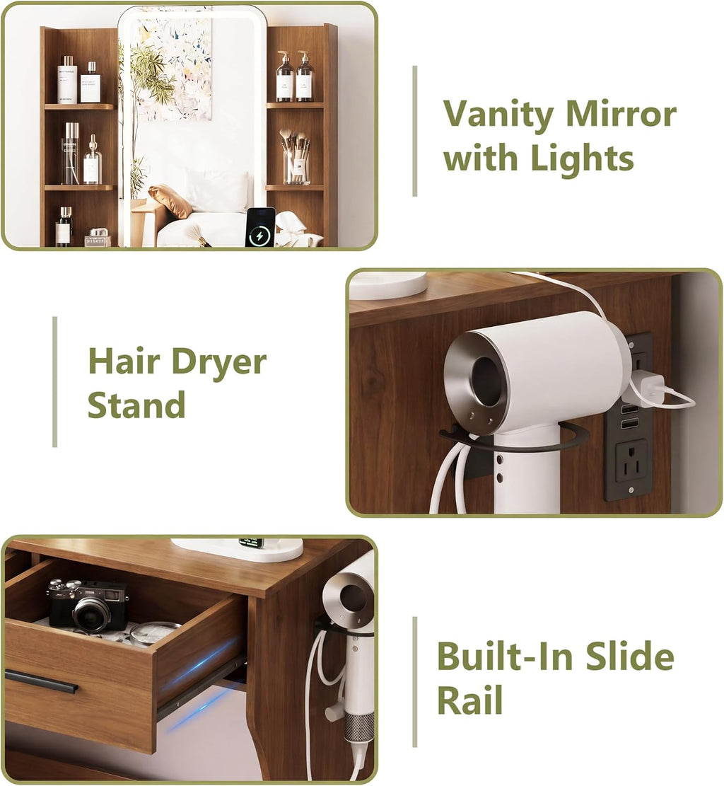 HUANLEGO Small Walnut Vanity Desk with Mirror and Lights for Women Girls | Vanity Mirror with Lights, 3 Lighting Adjustable, LED Light Strips, Built-in Power Outlet, Compact Dressing Table For Girls