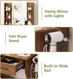 HUANLEGO Small Walnut Vanity Desk with Mirror and Lights for Women Girls | Vanity Mirror with Lights, 3 Lighting Adjustable, LED Light Strips, Built-in Power Outlet, Compact Dressing Table For Girls