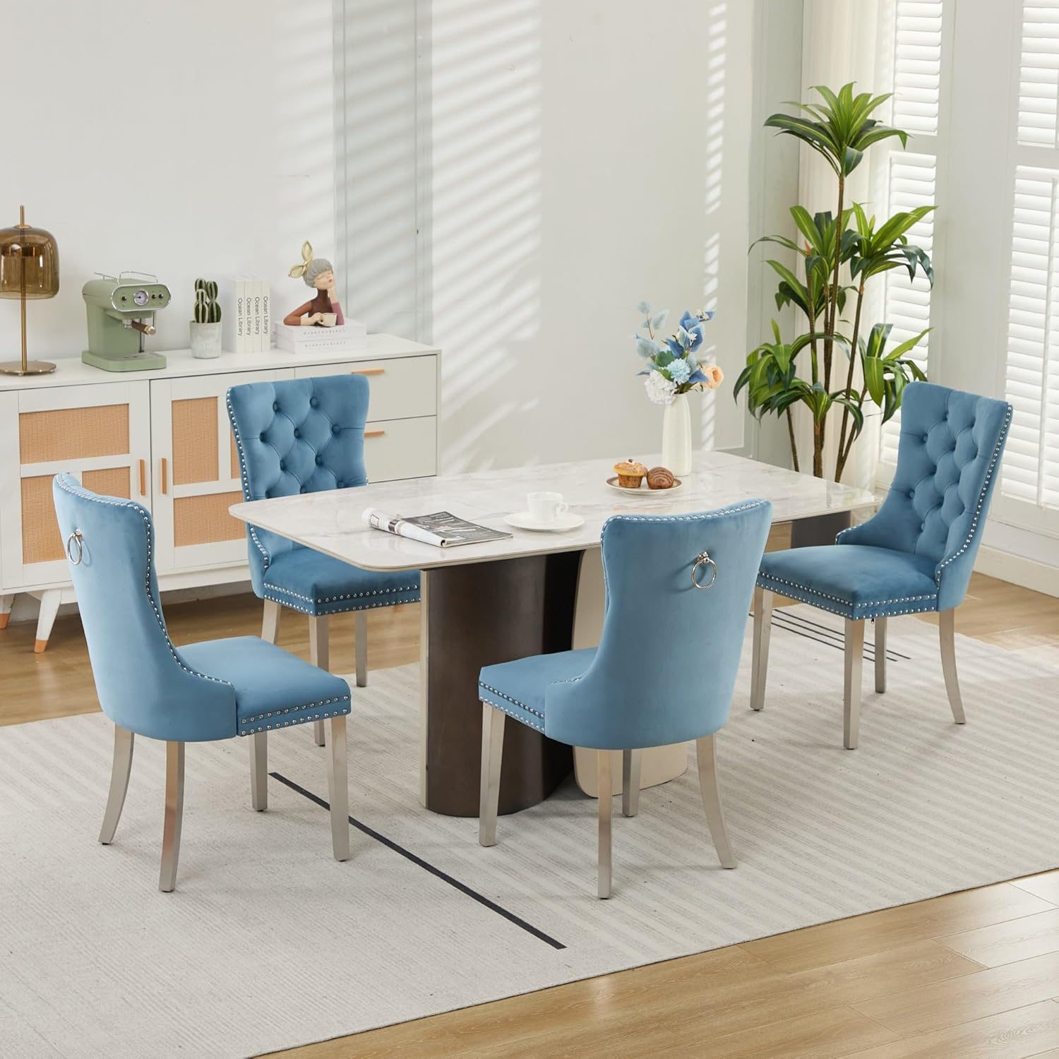 Velvet Dining Chairs Set of 4, Tufted Upholstered High Wingback Chairs with Nailhead Trim & Pull Ring, Silver Stainless Steel Legs for Dining Room, Sillas de Comedor, Light Blue