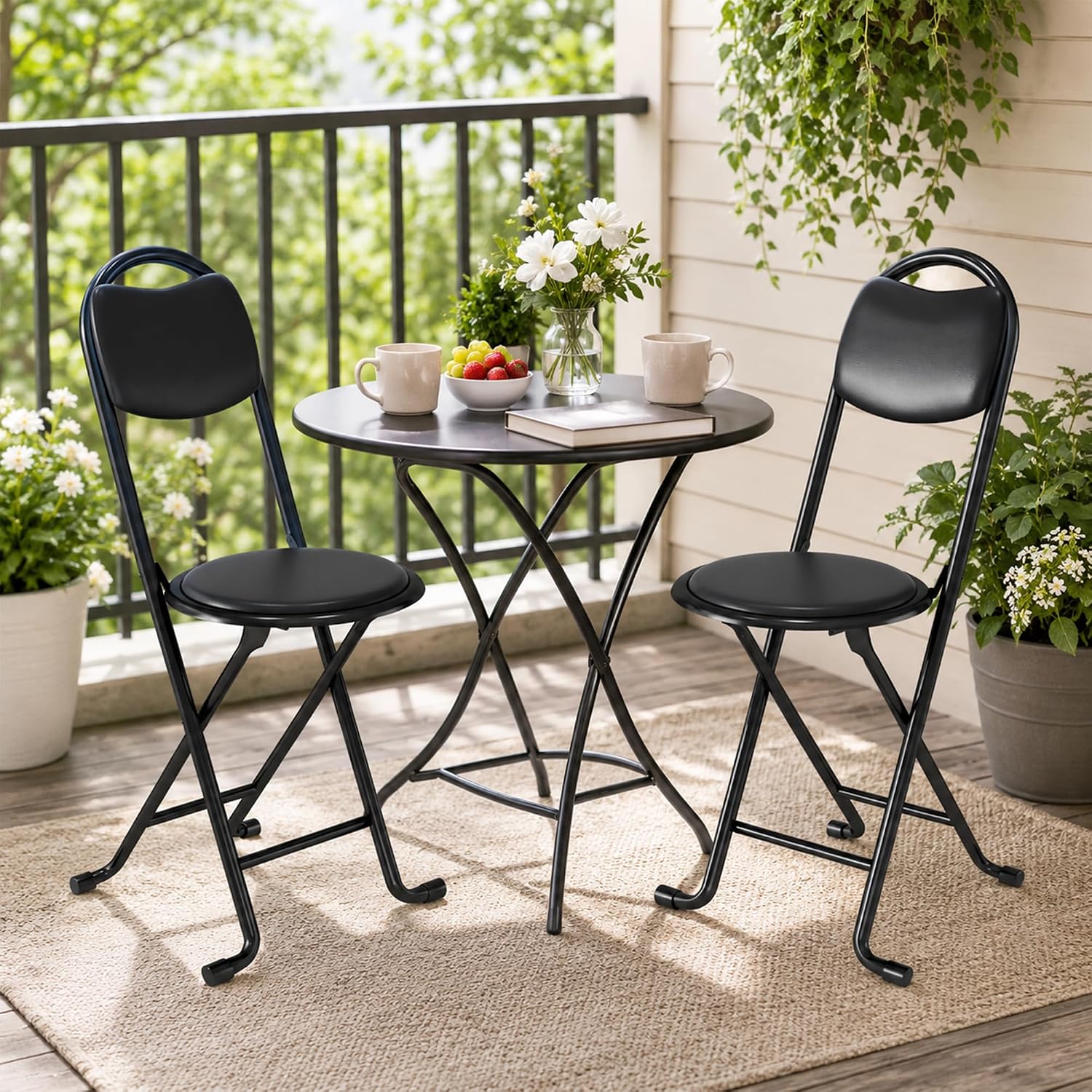 2 Pack Folding Stool with Back, 17 Inch Small Folding Chair, Black Stool with Padded PU Seat, Portable Foldable Stool Chair for Kitchen, Camping, Outdoor, Extra Seating, Black