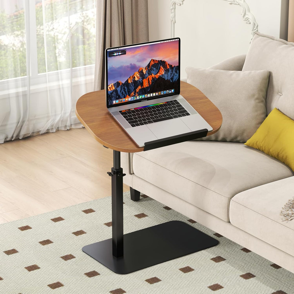 Solid Wood C Shaped Side Table for Sofa/Bed, Adjustable Height C Shaped End Table Metal Base, 360°Swivel/Flip Top Couch Tables That Slide Under, Small Spaces Laptop Stand Coffee Table (Wood)
