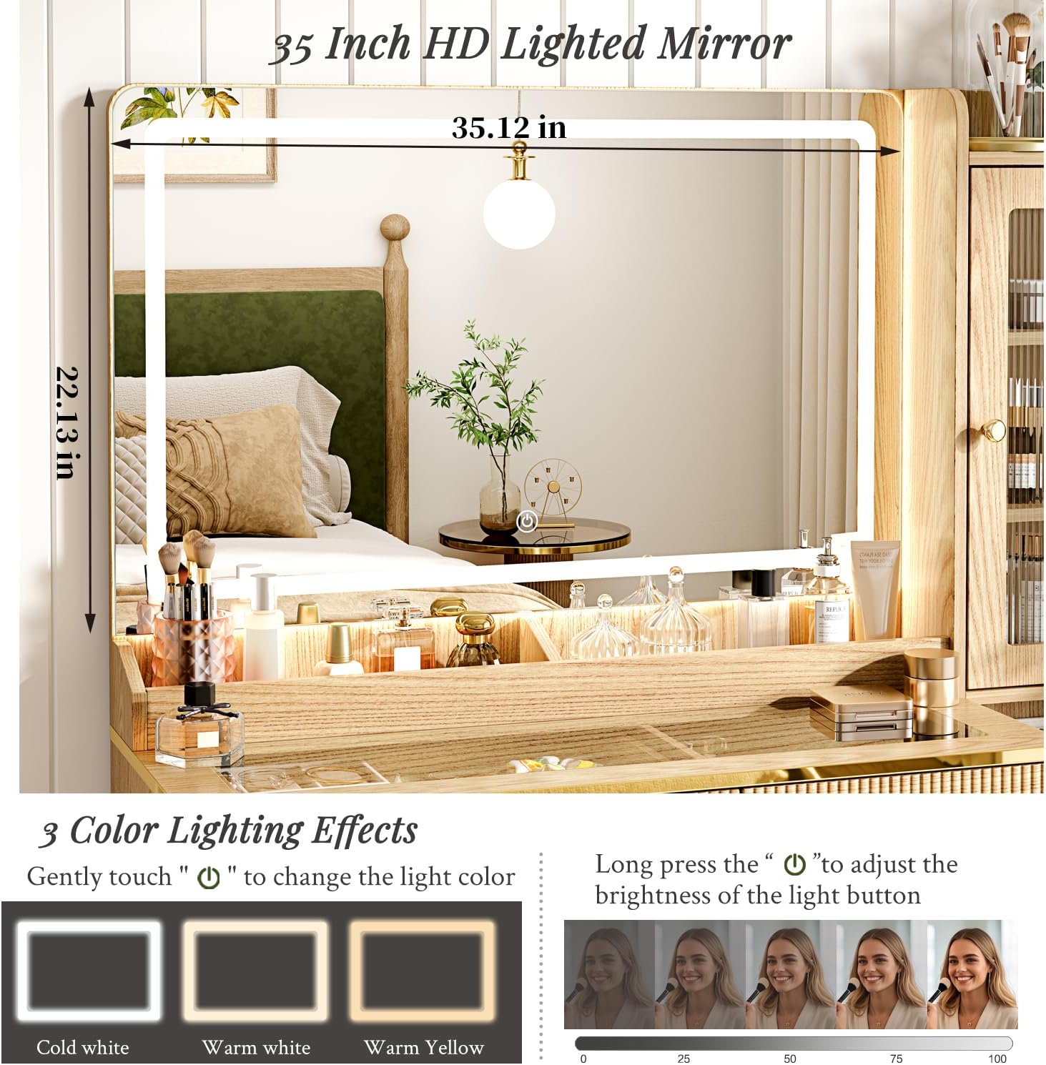 Arulvmrn Vanity Desk with 35.12" HD Lighted Mirror, 46.85" Big Modern Vanity Desk with Mirror and Lights, Makeup Vanity with 7 Drawers and Storage Shelves and Charging Station, Wood