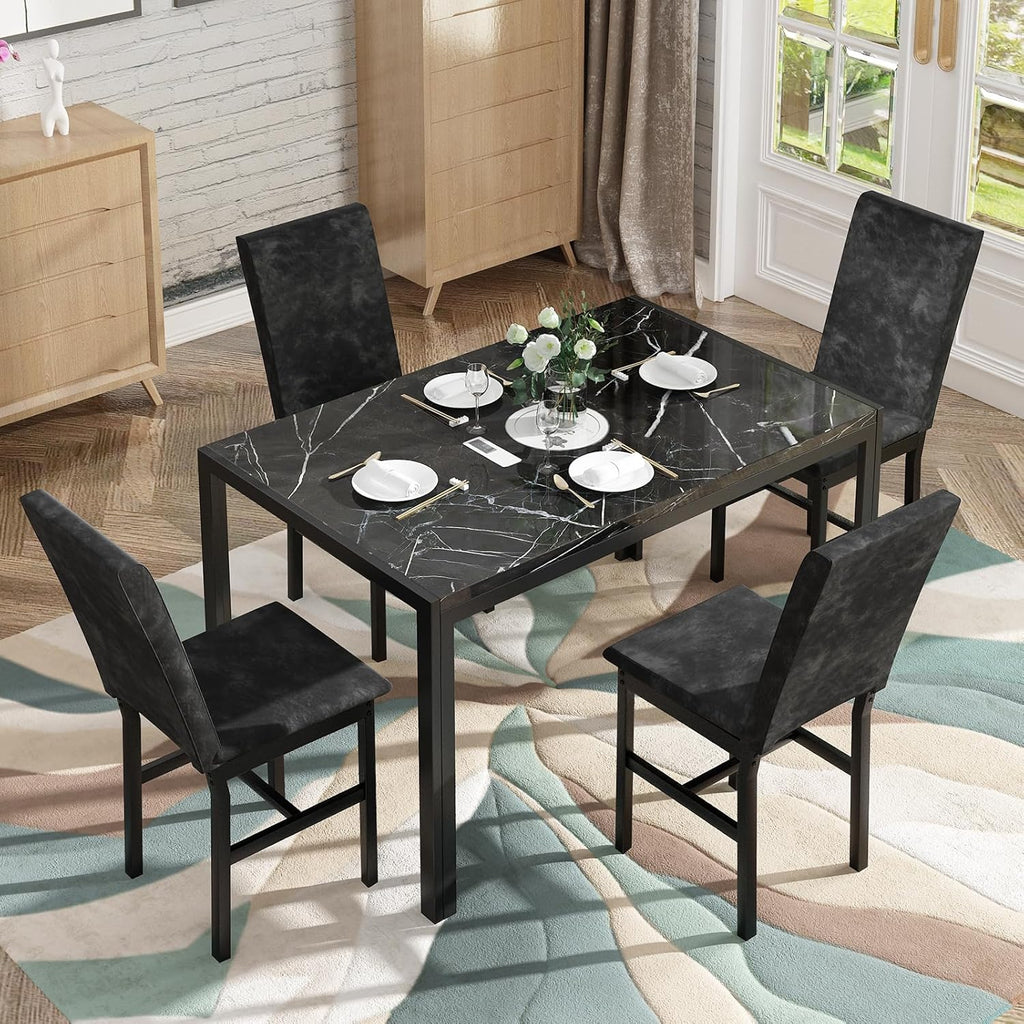 AWQM Products 5-Piece Marble Dining Set, Modern Kitchen Table and Chairs for Dining Room, Compact Space Saving Furniture, Dinette, 4 Upholstered Velvet Chairs - Black