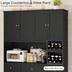 BOTLOG 72" Tall Black Pantry Cabinet with Wine Rack, Microwave Stand | Kitchen Hutch with 8 Doors and 3 Drawers for Dining Room Kitchen, Home Bar Black